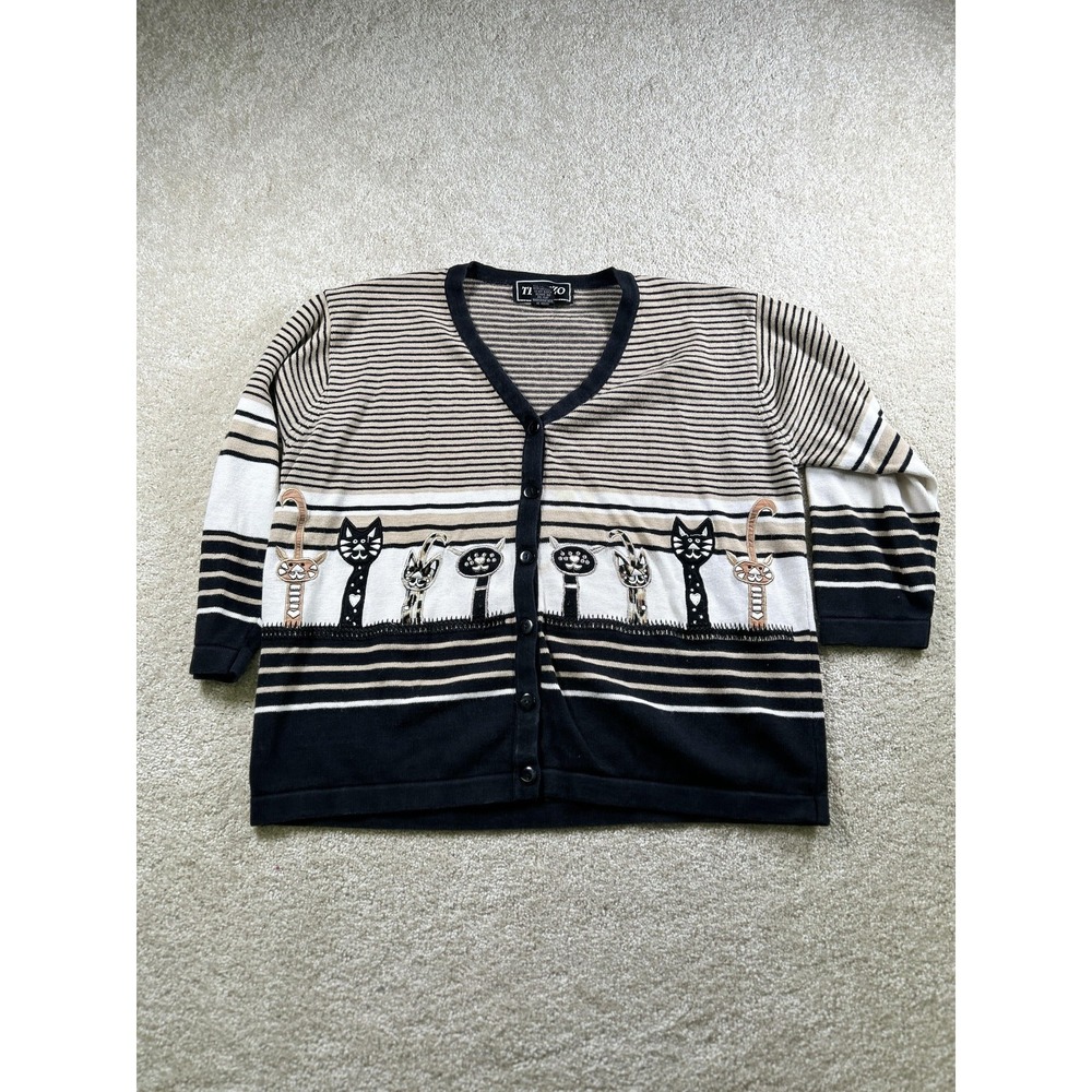 Terazzo Cardigan Sweater‎ Womens Medium Black Beige Striped Cat Embroidered Knit